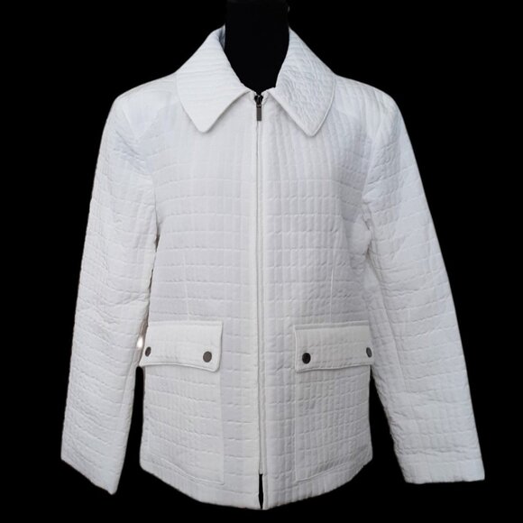 Anne Klein Quilted Jacket White VTG 80s Zip Silky Rainbow Striped Liner Large - Picture 1 of 12